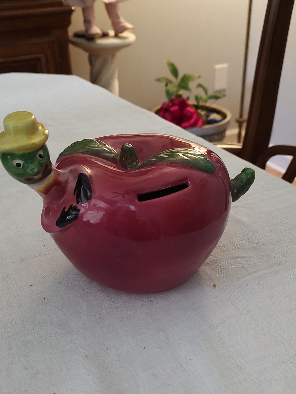 Vintage ceramic apple bank With Worm, made in Italy.